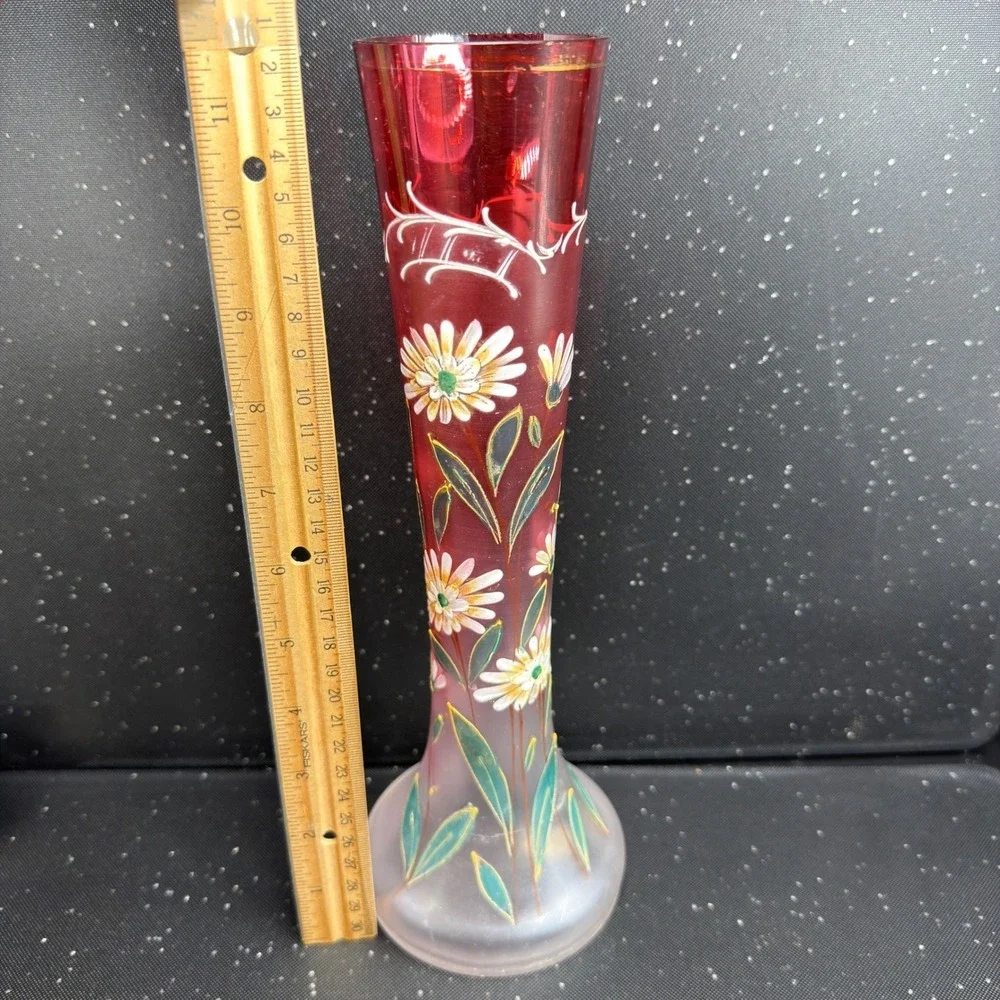 Satin Rubina Bohemian Cranberry Frosted Glass Enameled Daisy Vase 11.5 Inch